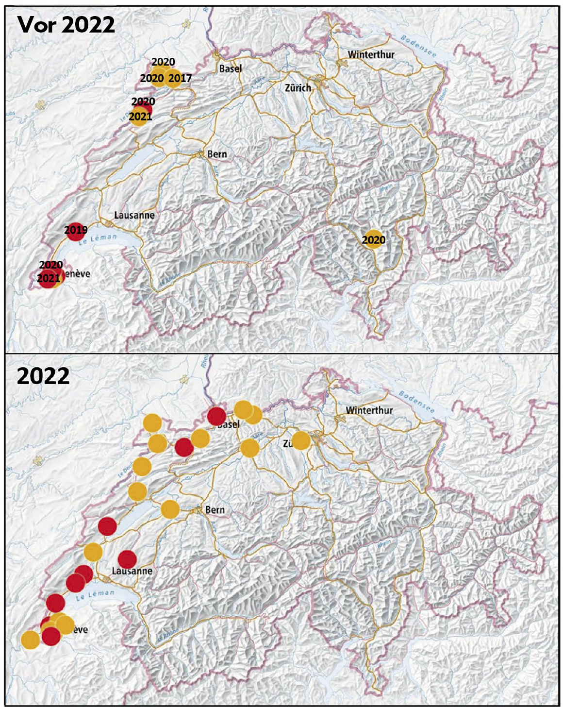 Oben: Sichtungen der Asiatischen Hornisse (Vespa velutina) in der Schweiz von 2017–2021 und unten: im Jahr 2022. Orange Punkte zeigen Sichtungen von Individuen und rote Punkte Nestfunde.