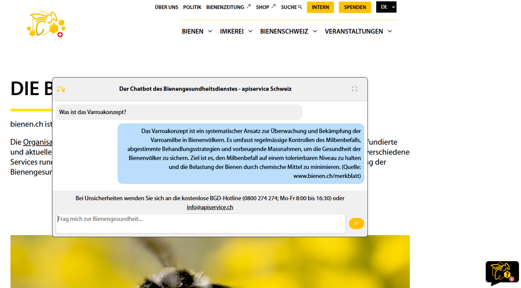 Beispiel einer Anfrage an den BGD-Chatbot.